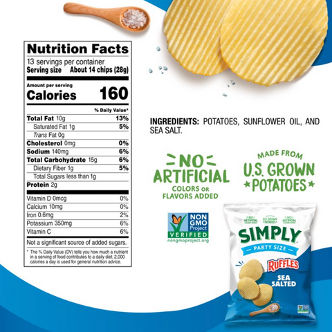 Simply Ruffles Potato Chips Sea Salt, Party Size, 13 oz