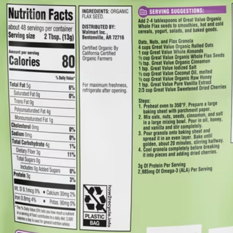 Great Value Organic Whole Flax Seed, 22 oz