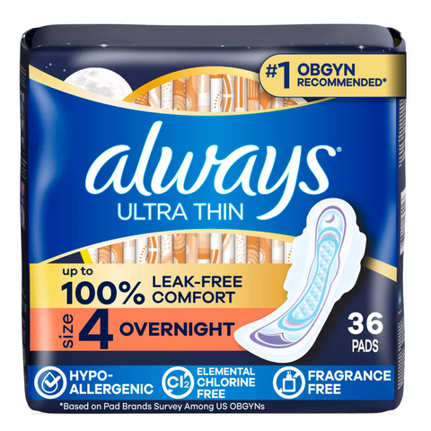 Always Ultra Thin Overnight Pads with Wings - Unscented - Size 4, 36 Count