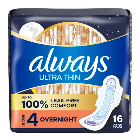Always Ultra Thin Overnight Pads with Wings - Unscented - Size 4, 16 Count