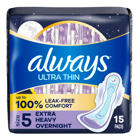 Always Ultra Thin Overnight Pads with Wings - Unscented - Size 5, 15 Count
