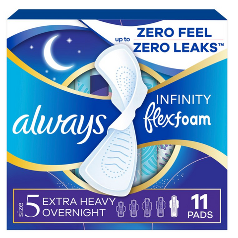Always Infinity with FlexFoam Pads, Size 5, Extra Heavy Overnight, with Wings, 11 Count