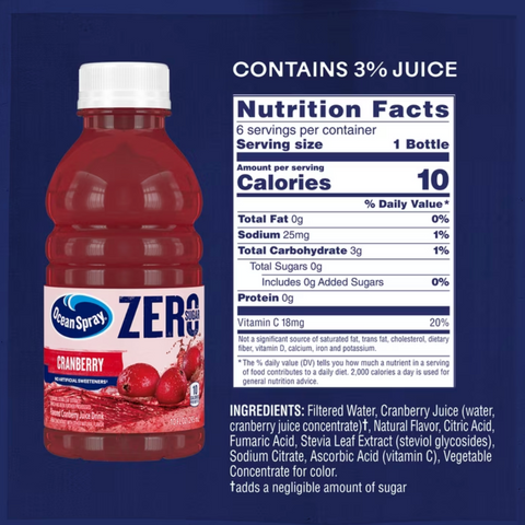 Ocean Spray ZERO Sugar Cranberry Juice Drink, 10 Fl Oz, 6 Count