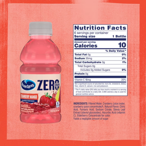 Ocean Spray ZERO Sugar Strawberry Mango Drink, 10 Fl Oz, 6 Count