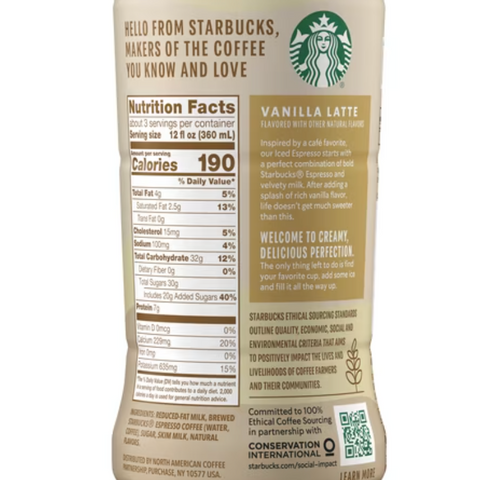 Starbucks Vanilla Latte Iced Espresso Coffee, 40 oz