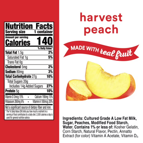 Yoplait Original Low Fat Harvest Peach Yogurt Cup, Made with Real Fruit, 6 oz