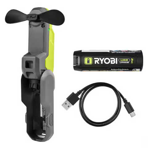 RYOBI USB Lithium Cordless Handheld Portable Fan Kit with 2 Ah Battery and USB Charging Cable