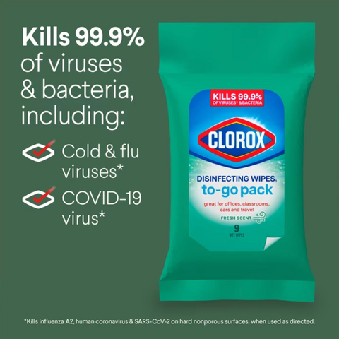 Clorox Disinfecting Cleaning Wipes To Go Pack, Bleach Free, Fresh Scent, 9 Count