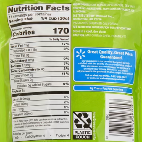 Great Value Roasted & Salted, No Shell Pistachios, 12 oz