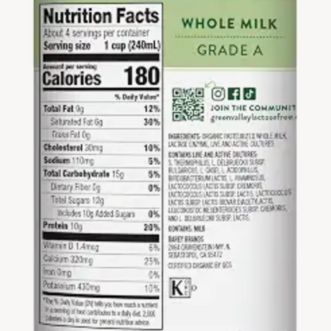 Green Valley Organic Whole-Milk Plain Lactose Free, 32 oz.