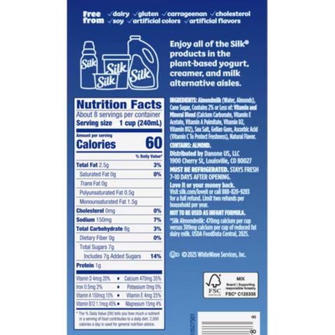 Silk Dairy Free, Gluten Free, Original Almond Milk, Plant Based Milk, 64 fl oz