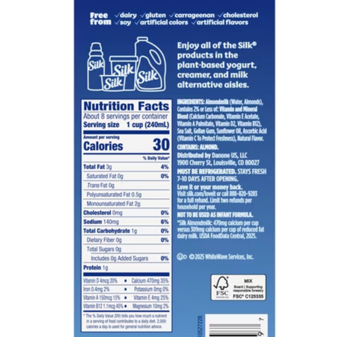 Silk Dairy Free, Gluten Free, Unsweet Almond Milk, Plant Based Milk, 64 fl oz