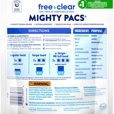 all Free Clear Unit Dose Laundry Detergent, Mighty Pacs, 19 Count