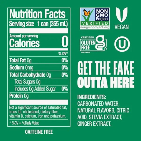 Zevia Zero Sugar Soda, Ginger Ale, 12 fl oz. 12 Count