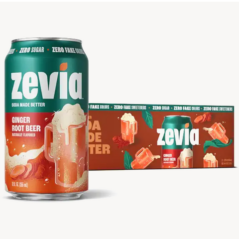 Zevia Zero Sugar Soda, Ginger Root Beer, 12 fl oz. 12 Count