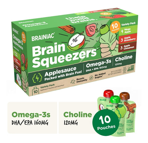 Brainiac Omega-3 Applesauce Variety Pack, No Sugar Added, 3.2oz, 10 Ct