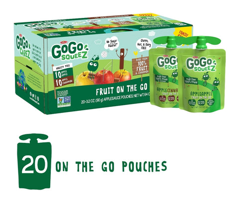 GoGo SqueeZ Fruit on the Go Apple Apple and Apple Cinnamon Snack Pouches, 3.2 oz, 20 Pack