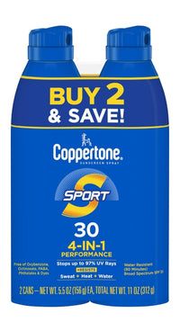 Coppertone SPF 30, Sport Sunscreen Spray, 5.5 oz, Twin Pack, 11 total oz