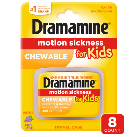 Dramamine Kids Chewable, Motion Sickness Relief, Grape Flavor, 8 Count