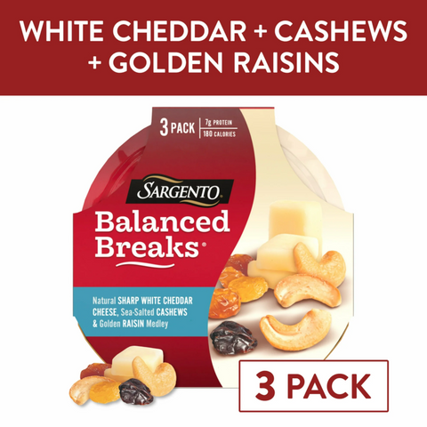 Sargento Balanced Breaks Sharp White Cheddar Cheese, Roasted Cashews, Raisins, 3 Ct