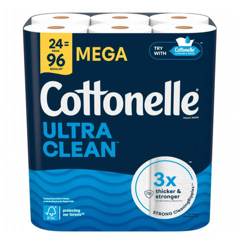 Cottonelle Ultra Clean Toilet Paper, Strong Toilet Tissue, 24 Mega Rolls