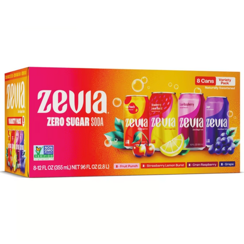 Zevia Zero Sugar, Caffeine-Free Fruity Variety Soda, 12 fl oz, 8 Count