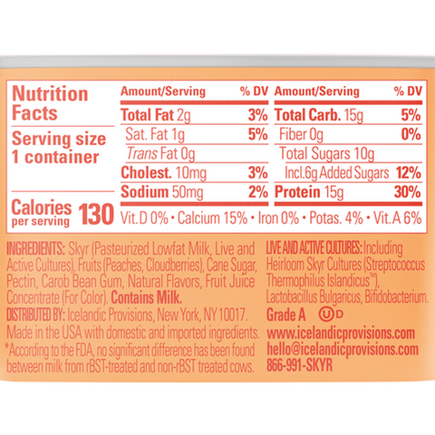 Icelandic Provisions Thick & Creamy Skyr, Low Fat, Peach & Cloudberry, 5.3 oz