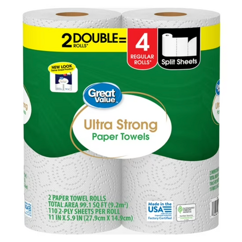Great Value Ultra Strong Paper Towels, Split Sheets, 2 Double Rolls