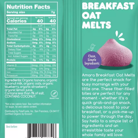 Amara Organic Breakfast Oat Melts Blueberry Baby Snack, 7g