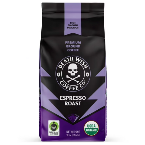 Death Wish Espresso Roast Ground Coffee Organic Fair Trade, 9oz