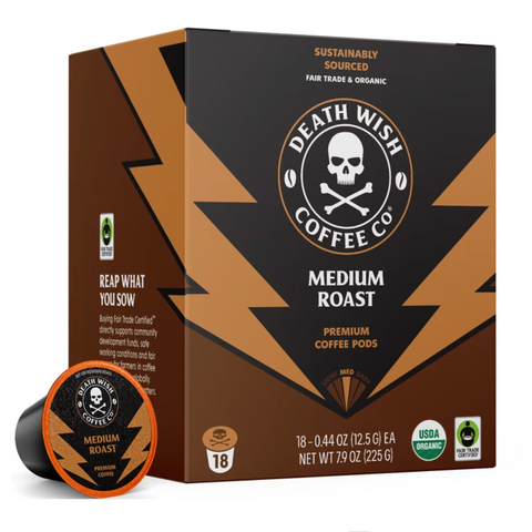 Death Wish Coffee, Organic and Fair Trade, Medium Roast, Single-Serve Coffee Pods, 18 Count