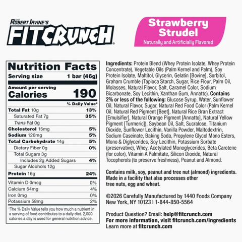 FITCRUNCH Strawberry Strudel, High Protein Baked Bar, 16g Protein, 4 Count