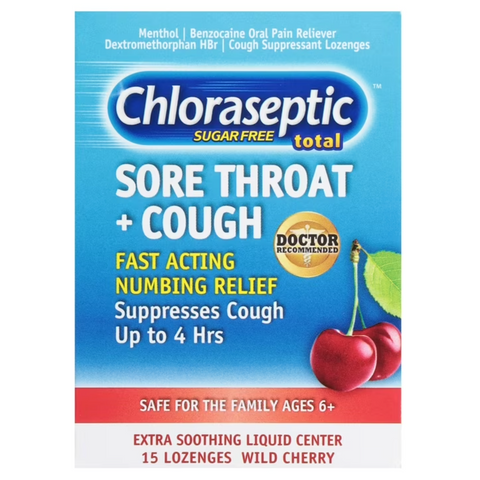 Chloraseptic Total Sore Throat + Cough Lozenges, Sugar-Free Wild Cherry Flavor, 15 Count
