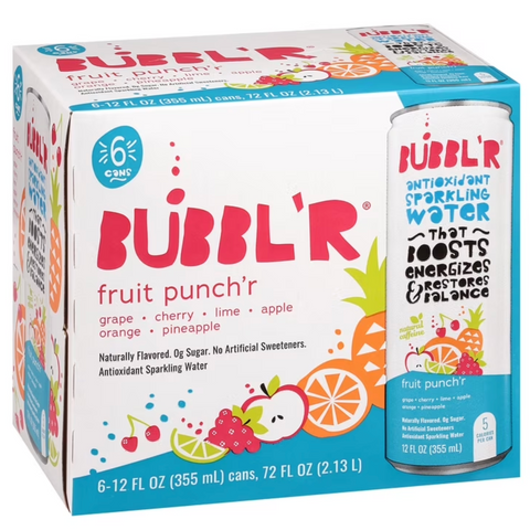 BUBBL'R Antioxidant Sparkling Water, Fruit Punch'r, 12 fl oz, 6 Count