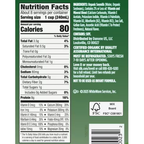 Silk Unsweetend Organic Dairy Free Soy Milk, 64 fl oz.