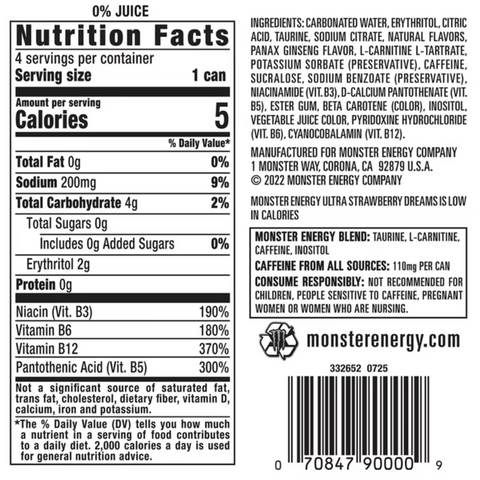 Monster Energy, Ultra Strawberry Dreams, Sugar Free Energy Drink, 12 fl oz, 4 Count