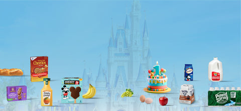 Grocery delivery to a Walt Disney World resort — cereal, juice, milk, water, birthday cake, fruit, and snacks with Cinderella Castle in the background