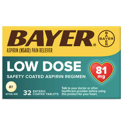 Aspirin Regimen Bayer Low Dose Pain Reliever Enteric Coated Tablets, 81mg, 32 Ct