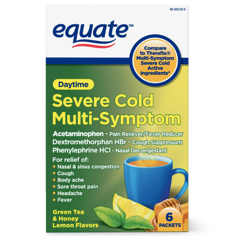 Equate Severe Cold & Flu Relief, Green Tea & Honey Lemon Flavors, 6 Count