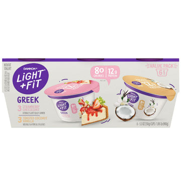 Dannon Light + Fit Strawberry Cheesecake/Toasted Coconut Nonfat Gluten-Free Variety Pack Greek Yogurt, 5.3 Oz. Cups, 6 Count