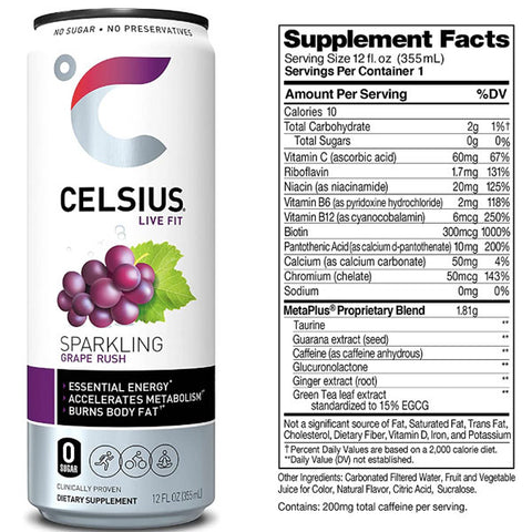 Celsius Live Fit Sparkling Grape Rush Energy Drink, 12oz, 4 Count