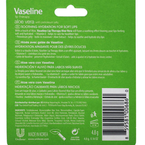 Vaseline Lip Therapy Moisturizing Hydrating Lip Balms with Aloe Vera, Vitamin E, Clear