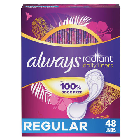 Always Radiant Daily Liners Regular, Up to 100% Odor-free, 48 Ct