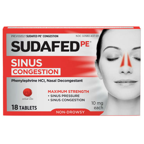 Sudafed PE Maximum Strength Non-Drowsy Sinus Decongestant, 18 Count