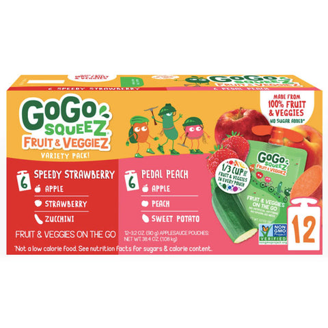 GoGo Squeez Fruit & Veggiez Peach, Strawberry Pouch, 3.2 oz, 12 Count