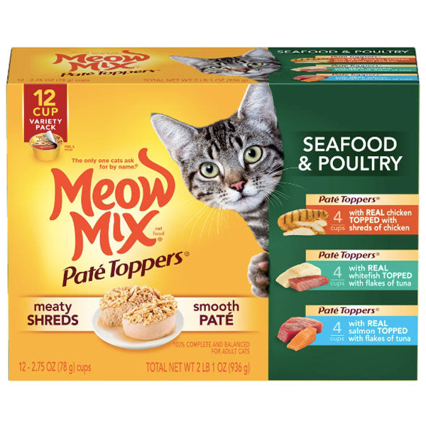 Meow Mix Pate Toppers Seafood & Poultry Variety Pack Wet Cat Food, 12 Count