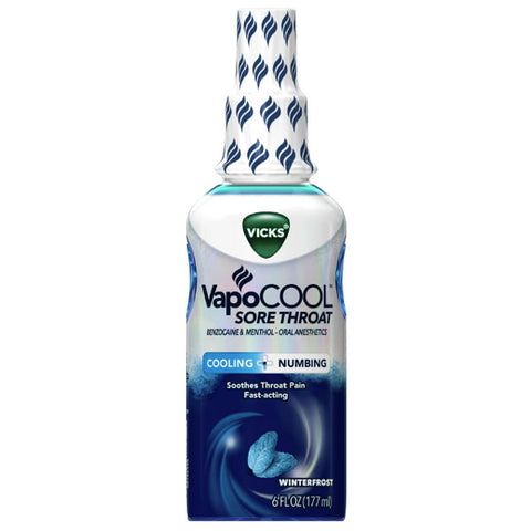 Vicks Vapocool Sore Throat Spray, Soothes Throat Pain, Fast-Acting, With Benzocaine & Menthol, Winterfrost Flavor, 6 fl oz