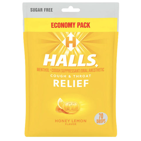 HALLS Relief Honey Lemon Sugar Free Cough Drops, Economy Pack, 70 Count