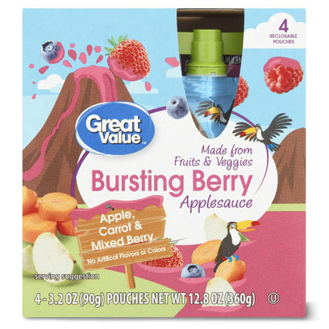 Great Value Bursting Berry Applesauce Pouch, 3.2 oz, 4 Ct