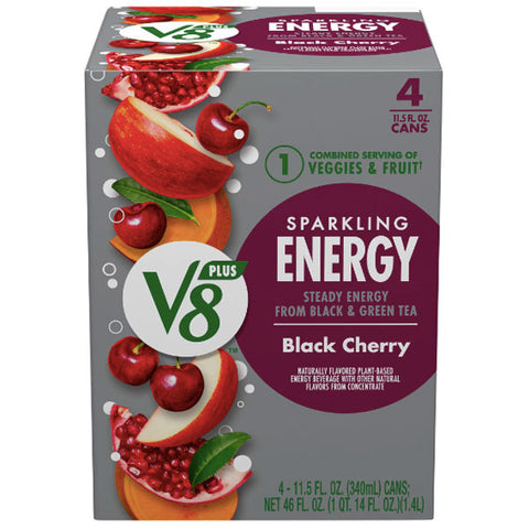 V8 Sparkling + Energy, Black Cherry Juice Drink, 11.5 oz, 4 Count